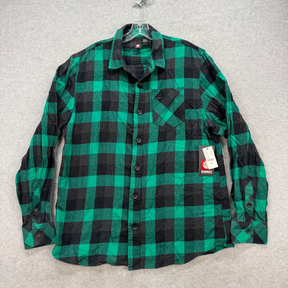 Element Flannel Shirt Mens Large Green Black Buffalo Plaid Skater Cabin NEW